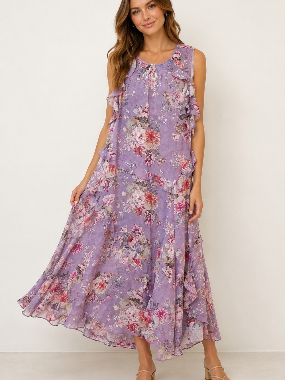 Whimsical Sundance Floral Ruffle Dress Lavender Cottagecore Fairycore Maxi L